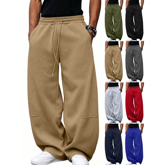 Wide Leg Sweatpants for Men,Drawstring Elastic Waist,Casual Loose Fit Pants with Pockets for Outdoor Walking