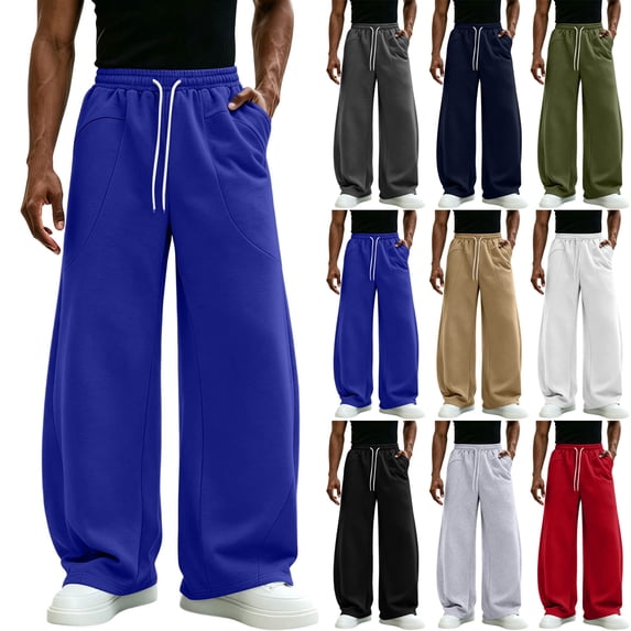 Wide Leg Sweatpants for Men,Drawstring Elastic Waist Loose Fit Pants with Pockets for Daily Wear