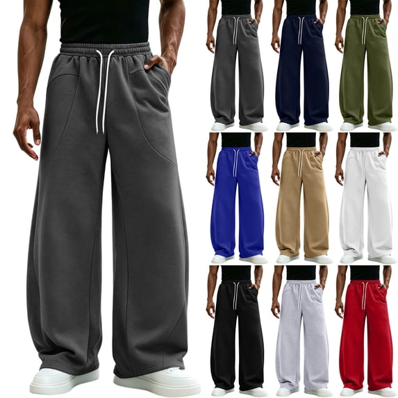 Wide Leg Sweatpants for Men,Drawstring Elastic Waist Loose Fit Pants with Pockets for Daily Wear