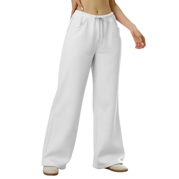 Wide Leg Sweatpants for Women Baggy Straight Leg Low Rise Sweatpants with Pockets Comfy Lightweight Drawstring Pants White S