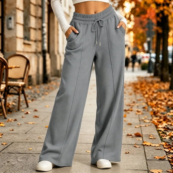 Wide Leg Sweatpants for Women Drawstring Lounge Pants Straight Leg Sweat Pants with Side Pockets and Front Seam Detail, Gray, M