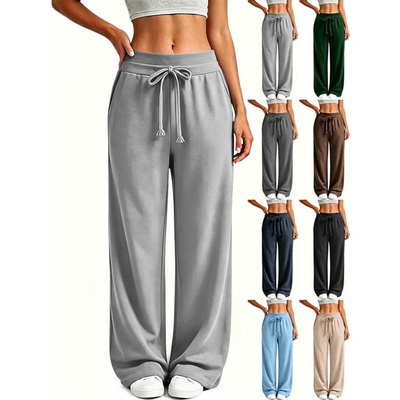 Wide Leg Sweatpants for Women,Elastic Drawstring High Waisted Loose Casual Straight Leg Pants with Side Pockets for Daily Wear