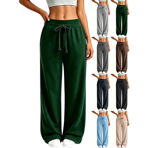 Wide Leg Sweatpants for Women,Elastic Drawstring High Waisted Loose Casual Straight Leg Pants with Side Pockets for Daily Wear