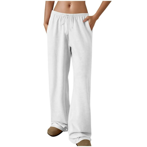 Wide Leg Sweatpants for Women Elastic Waisted Cotton Casual Drawstring Long Pants with Pockets Loose Lounge Trouser (M, White)