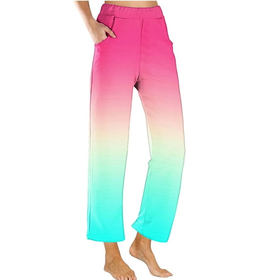 Wide Leg Sweatpants for Women Fashion Gradient Color Elastic Waisted Long Pants with Pockets Ladies Loungewear Trousers (Multicolor,L)