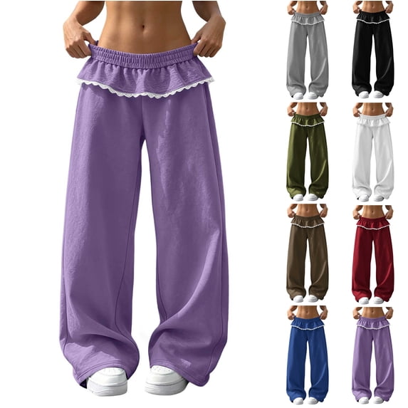 Wide Leg Sweatpants for Women Fashion Solid Color Loose Elastic Waist High Waist Straight Leg Long Pants With Lace Pockets