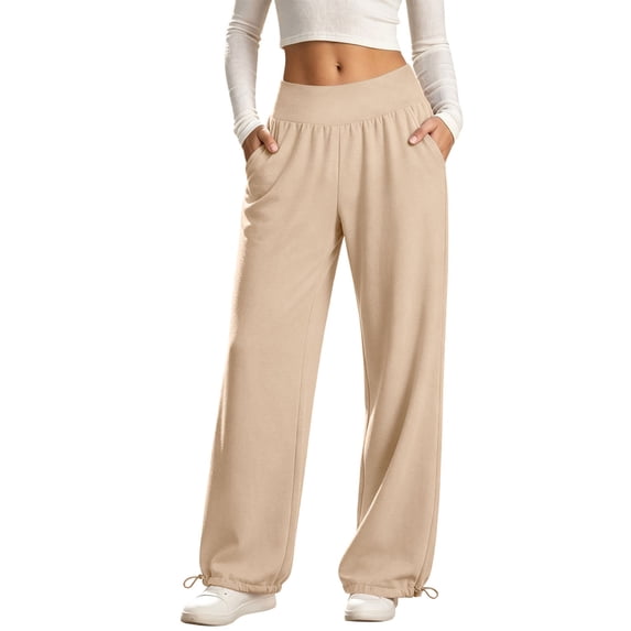 Wide Leg Sweatpants for Women Ghalytn High Waist Ribbed Elastic Pants - Casual Trousers with Drawstring Hem and Side Pockets