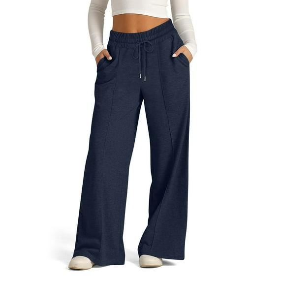 Wide Leg Sweatpants for Women Loose Casual High Waist Baggy Trousers with Pocket Drawstring Athletic Comfy Lounge Pants, Navy, XL