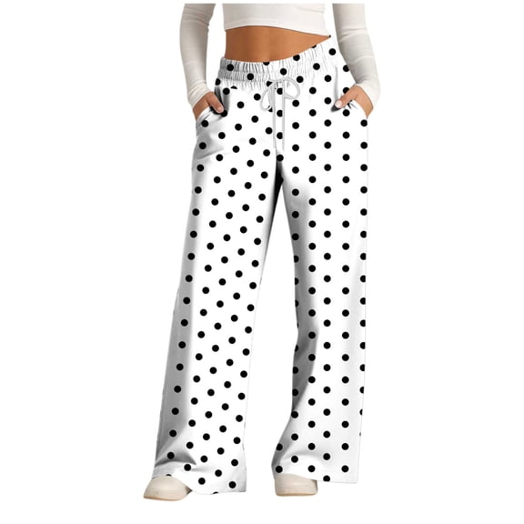 Wide Leg Sweatpants for Women Loose Fit Drawstring Elastic Waist Graphic Printed Casual Lounge Pants with Pockets (S, White|Dots)