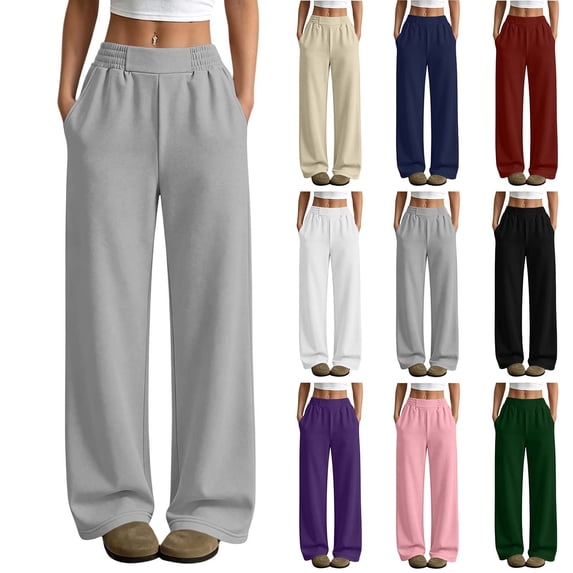 Wide Leg Sweatpants for Women Ndbuld Women Casual And Winter Solid Color Elastic Waist Sports Straight Leg Pants And Sweatpants White XL