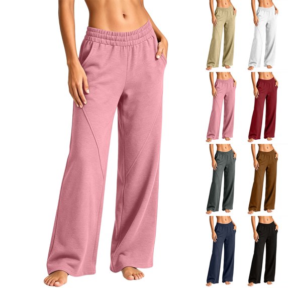 Wide Leg Sweatpants for Women Solid Loose Casual Straight-Leg Full Length Tight Waist Lounge Sweatpants Jogger Pants with Pockets