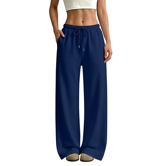 Wide Leg Sweatpants for Women Winter High Waisted Baggy Sweat Track Pants Drawstring Casual Pants with Pockets L