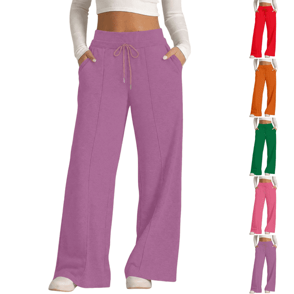 Wide Leg Sweatpants for Womens Drawstring Elastic Waist Lounge Joggers Casual Pants with Pockets Dark Purple L