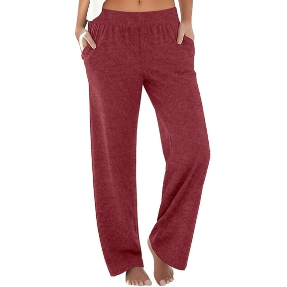 Wide Leg Sweatpants with Pockets for Women Trendy Summer Casual Lounge Trousers Pull On Long Pants (M, Wine)
