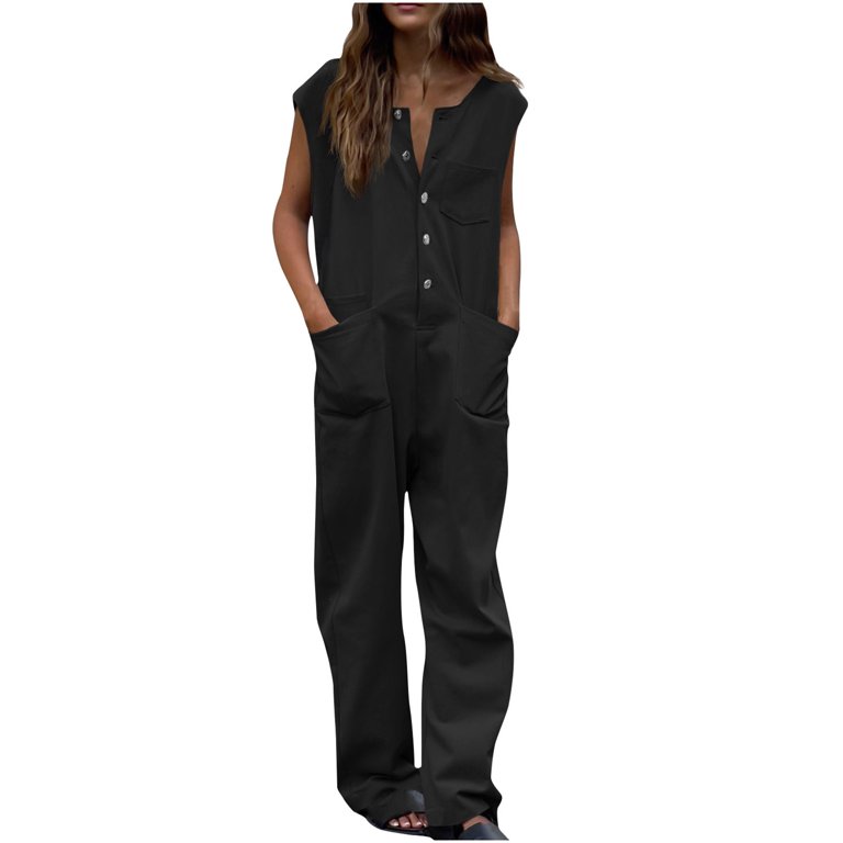 Wide Leg Tank Jumpsuits Pocketed Sleeveless Button Down Loose