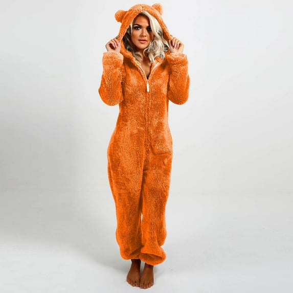 Wide Leg Trousers Woman Womens Fleece Onesie Pajamas Jumpsuit Warm Fuzzy Romper Sleepwear Zipper Hooded Playsuit Loungewear Trousers for Women S-126 Orange S