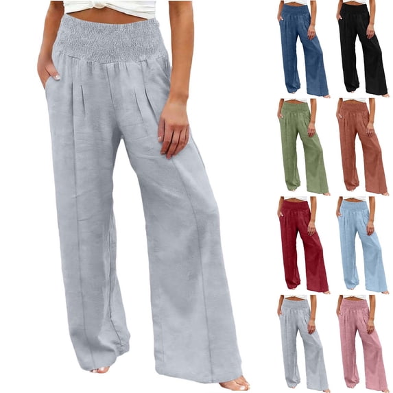 Wide Leg Trousers Women Casual Ruched High Waisted Comfy Pants with Pockets Summer Pants for Women