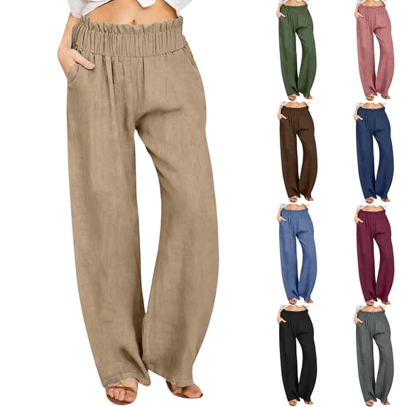Wide Leg Trousers Women Plus Size Solid Color Wide Leg Elastic Waisted Lounge Jogger Athletic Pants with Pockets