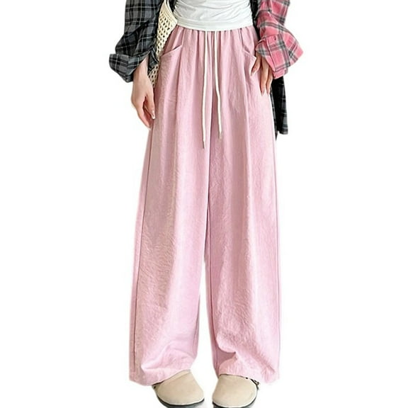 Wide Leg Trousers for Women Elasticated Waist Lounge Pants Ladies Fall Baggy Leisure Jeans Comfy Loose Fit Pink L