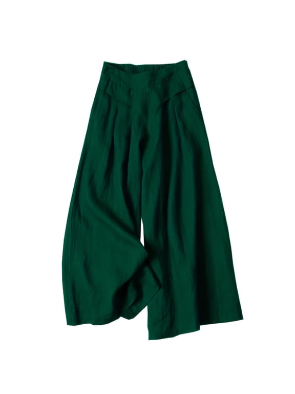 Wide Leg Women's Casual Capri Pants Cropped Elastic Waist Palazzo Culottes Linen Blend, Polyester Green, XL