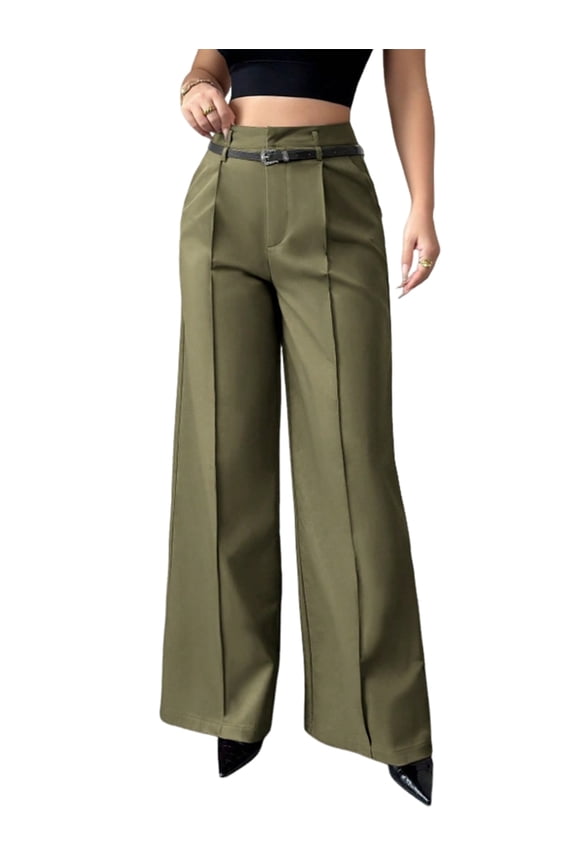 Wide Leg Work Pants for Woman Stretchy Office Slack Pants Pull on Business Trousers with Pockets Army Green M