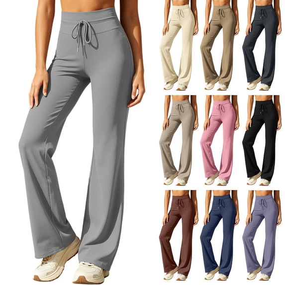 Wide Leg Yoga Palazzo Pants for Women - High Waist Solid Color Drawstring Casual Beach Lounge Pants Loose Flowy Pants Stretchy Trousers