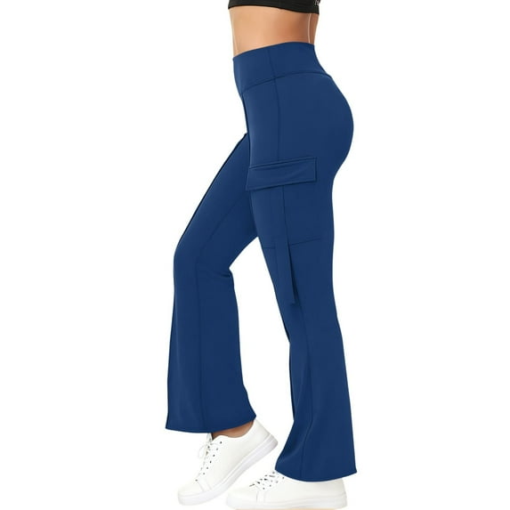 Wide Leg Yoga Pants for Women, Comdrip Womens Flare Leggings with Pockets Butt Lifting Workout Pocket High Waisted Yoga Running Hiking Pants Cargo Yoga Pants Blue, L