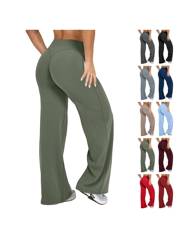 Wide Leg Yoga Pants Womens Straight Leggings Bottoms High Waist Stretchy Comfy No Front Seam Yoga Workout Athletic Gym Pants Green M