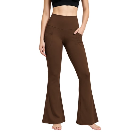 Wide Leg Yoga Pants for Women Baeitkot High Rise Stretchy Bootcut Leggings with Side Pockets for Workout & Daily Brown S