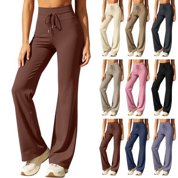 Wide Leg Yoga Pants for Women Flowy Palazzo Drawstring Elastic Waist Trousers with Pockets Summer Beach Vacation Clothes