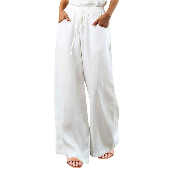 Wide Leg Yoga Pants for Women Loose Comfy Cotton Linen Sweatpants with Pockets High Waist Stretch Pants Regular Fit Trouser Pant White L