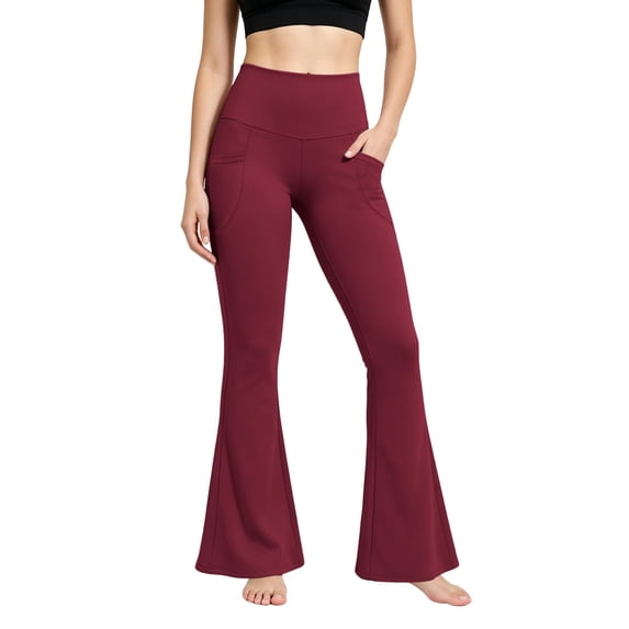 Wide Leg Yoga Pants with Pockets Baeitkot High Waisted Flared Leggings, Solid Color Wide Leg Trousers for Fitness and Leisure Wine XL