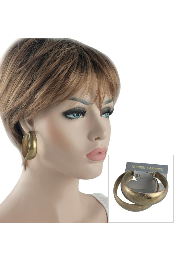 Wide Lightweight Oversized Distressed Hoop Earring 2" Gold Tone Ladies Adult Women