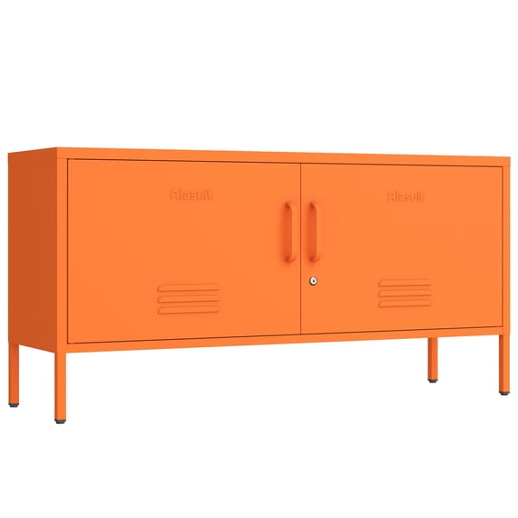Wide Lockable Metal TV Stand with Accent Cabinet Locker, Heavy Duty Entertainment Center for Bedroom, Adjustable Shelves & 2 Doors, Multifunctional Storage Cabinet for Home 22"H X 35.4"W X 13.8"D