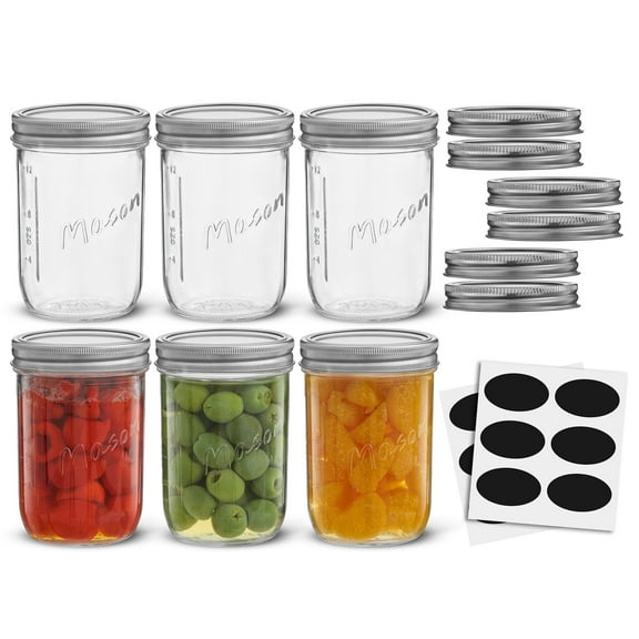 Wide Mason Jars with Airtight Lids, Labels and Measures - 16 oz - [Set of 6] Airtight Canning Jars, Glass Jars