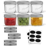 Wide Mason Jars with Airtight Lids, Labels and Measures - 16 oz - [Set of 6] Airtight Canning Jars, Glass Jars