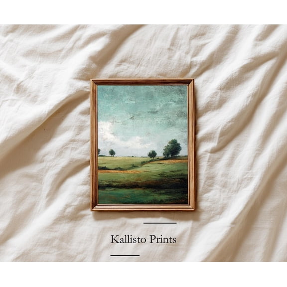 Wide Meadow Landscape Print Poster Minimalist Earth Tone Wall Art with Trees & Soft Green Fields for Rustic Decor, Size 8x12 UNFFRAMED F03.1.6l2559