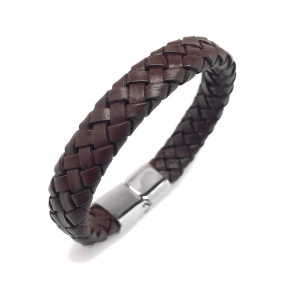 Wide Mens Dark Brown Leather Bracelet Cuff with Stainless Steel Magnetic Clasp (8.5 Inch)