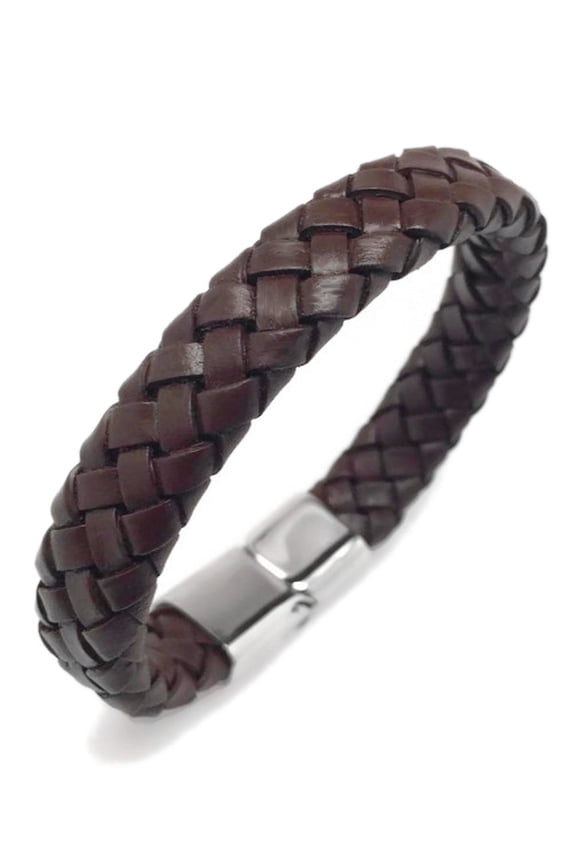 Wide Mens Dark Brown Leather Bracelet Cuff with Stainless Steel Magnetic Clasp (8.5 Inch)