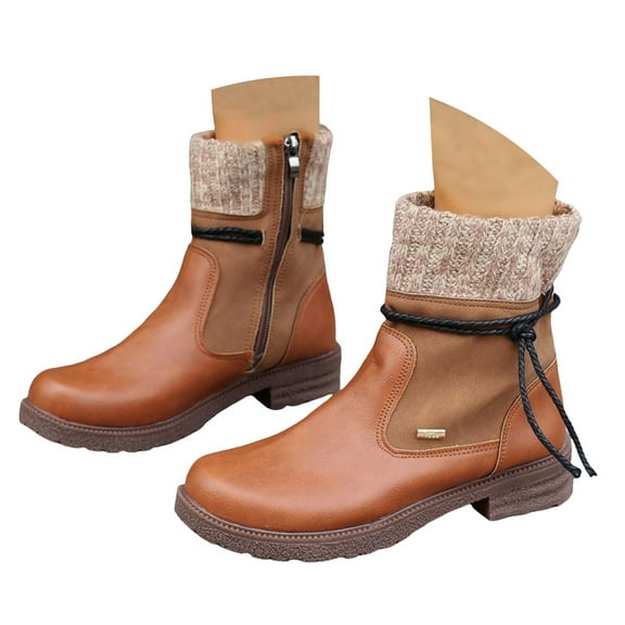 Wide Mid Calf Boots for Women Vintage Casual Leather Knit Low Heel Combat Riding Work Booties