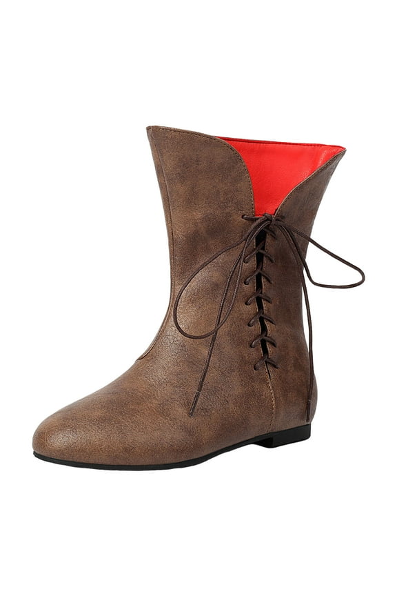 Wide Mid Calf Combat Boots for Women Roman Retro Middle Century Leather No Heel Side Zipper Horse Riding Booties Brown Size 12