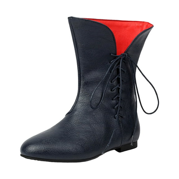 Wide Mid Calf Combat Boots for Women Roman Retro Middle Century Leather No Heel Side Zipper Horse Riding Booties Blue Size 10