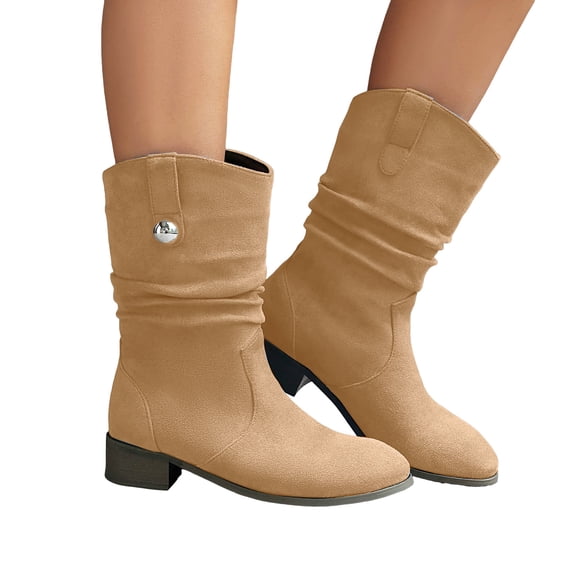 Wide Mid Calf Cowboy Boots for Women 2025 Slouchy Suede Pointed Toe Low Heel Slip on Fall Cowgirl Short Booties