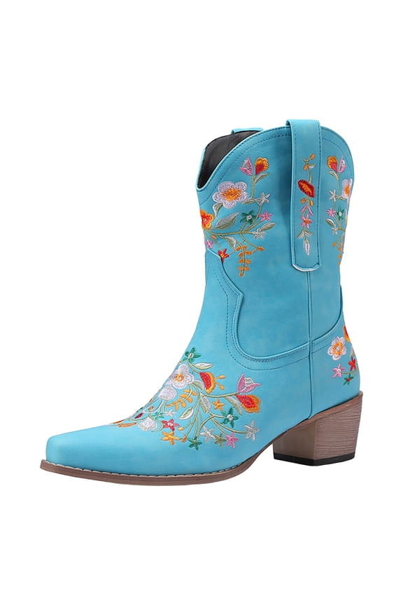 Wide Mid Calf Cowboy Boots for Women Bohemian Floral Embroidered Leather Pointed Toe Cowgirl Riding Boots