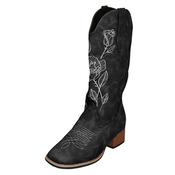 Wide Mid Calf Cowboy Boots for Women Floral Embroidered Square Toe Chunky Mid Heel Fall Tall Dress Boots