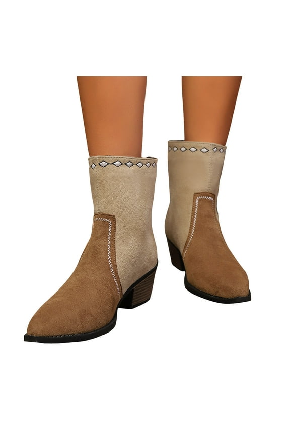 Wide Mid Calf Cowboy Boots for Women Halloween Witch Embroidered Color Block Suede Pointed Toe Short Cowgirl Boots