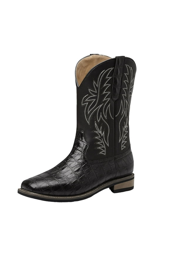 Wide Mid Calf Cowboy Boots for Women Men Classic Embroidered Leather Square Toe Low Heel Western Cowgirl Horse Riding Boots