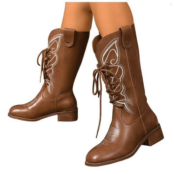 Wide Mid Calf Cowboy Combat Boots for Women 2025 Vintage Leather Lace up Pointed Toe Low Heel Cowgirl Riding Tall Boots Brown Size 7