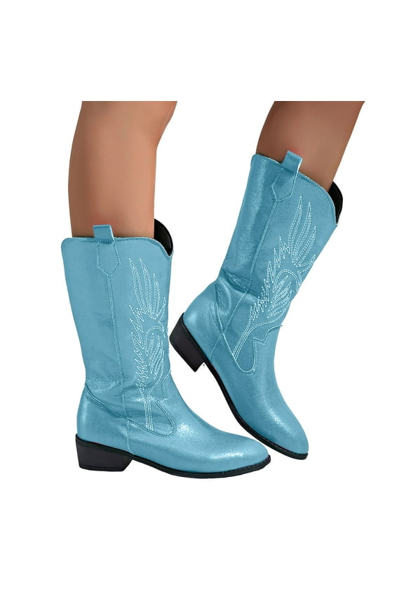 Wide Mid Calf Cowboy Cowgirl Boots for Women 2025 Metallic Glitter Leather Pointed Toe Low Heel Slip on Winter Fall Booties