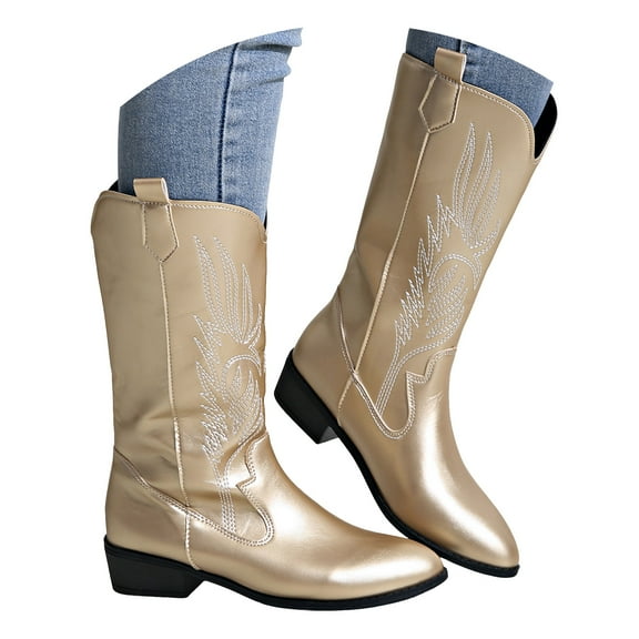 Wide Mid Calf Cowboy Cowgirl Boots for Women 2025 Metallic Glitter Leather Pointed Toe Low Heel Slip on Winter Fall Booties